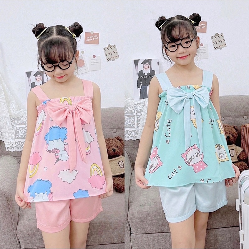 Bộ bé gái từ 16-32kg chất lụa Mago cao cấp❤️Bộ quần áo mặc nhà thiết kế 2 dây bản to phối nơ cho bé gái siêu xinh-M0054