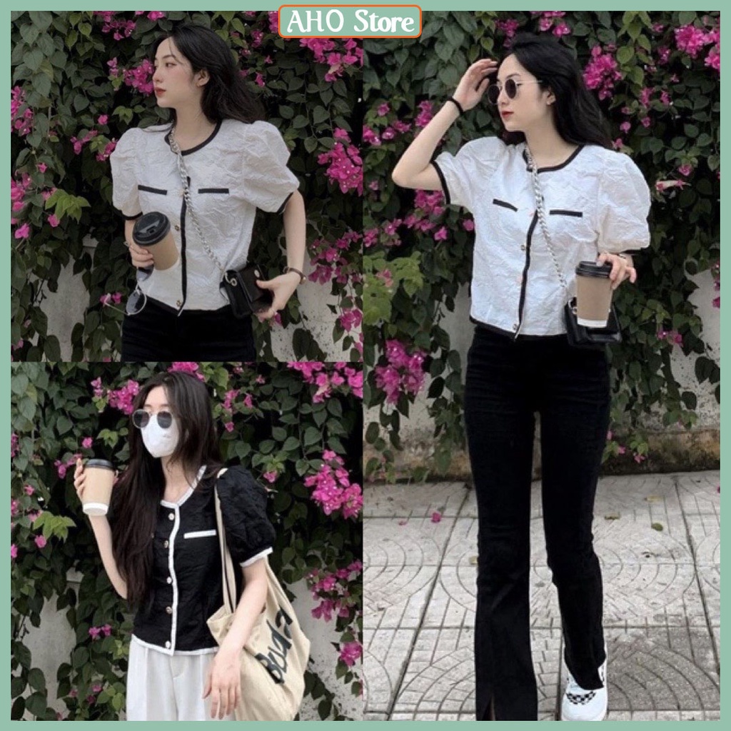 Áo Sơ Mi Nữ Tiểu Thư Hoa Gấm Tay Phồng Áo Sơ Mi Croptop Cộc Tay Cúc Ngọc Phối Viền Đen Trắng Freesize