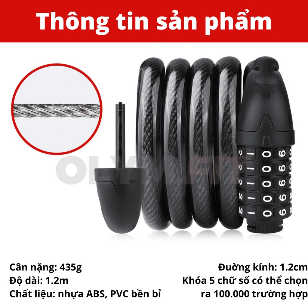 Khoá dây xe đạp 5 số cao cấp bền bỉ chất lượng cao cho xe đạp xe máy đa dụng chống trộm