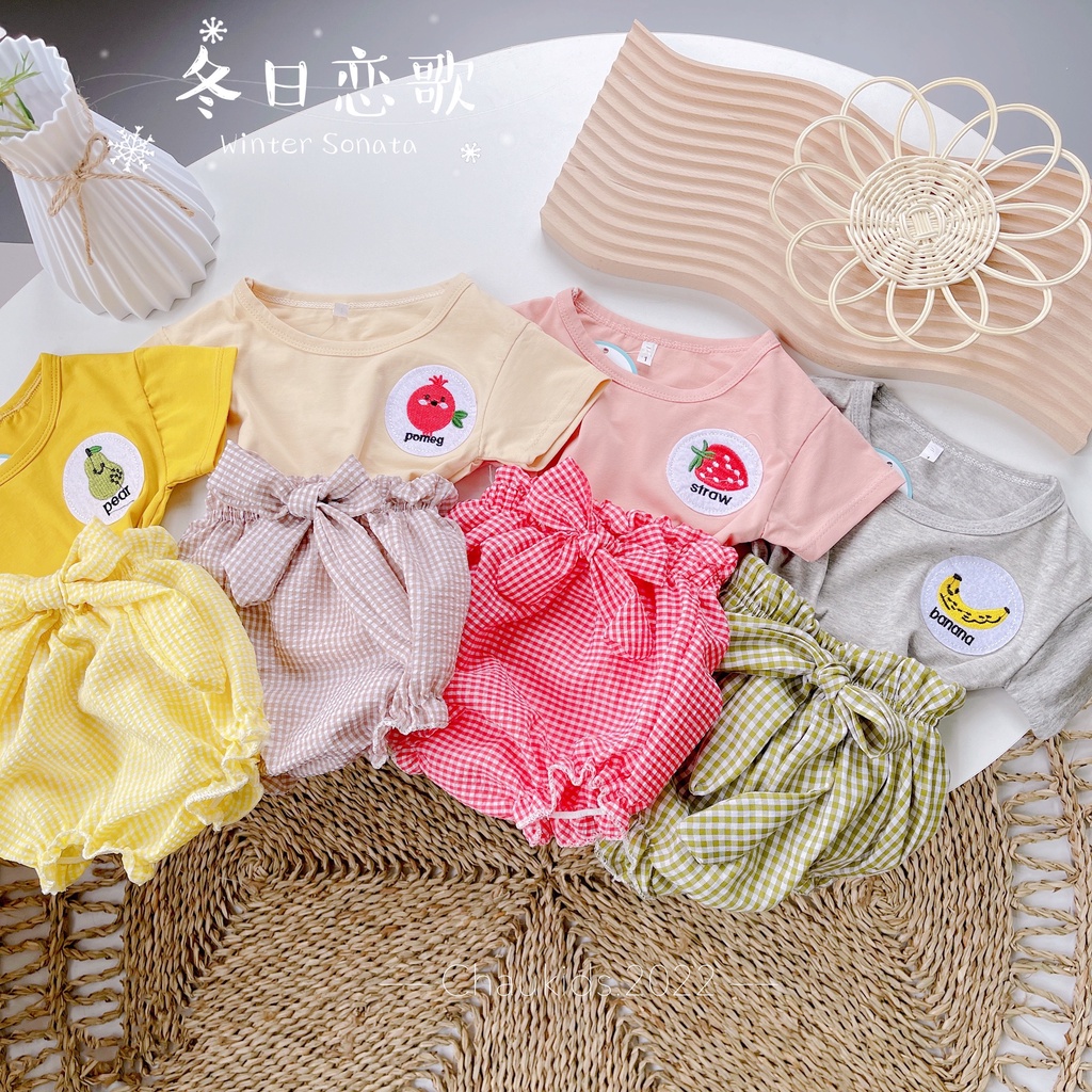 Bộ áo phông chất cotton thêu đắp kèm quần chip cột nơ xinh xắn cho bé gái