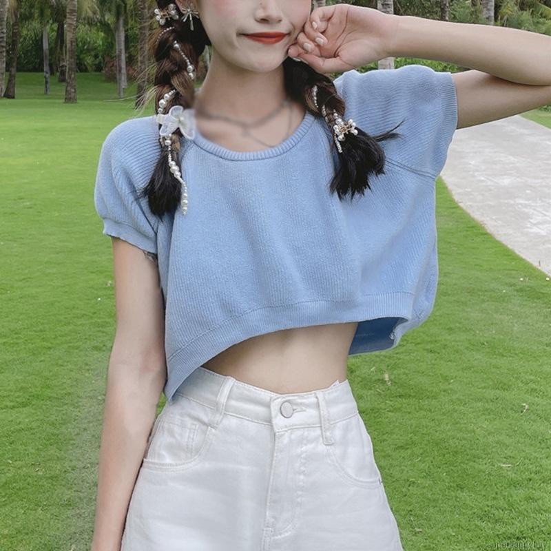 Áo Croptop Dệt Kim Tay Ngắn Màu Sắc Đơn Giản Phong Cách Hàn Quốc