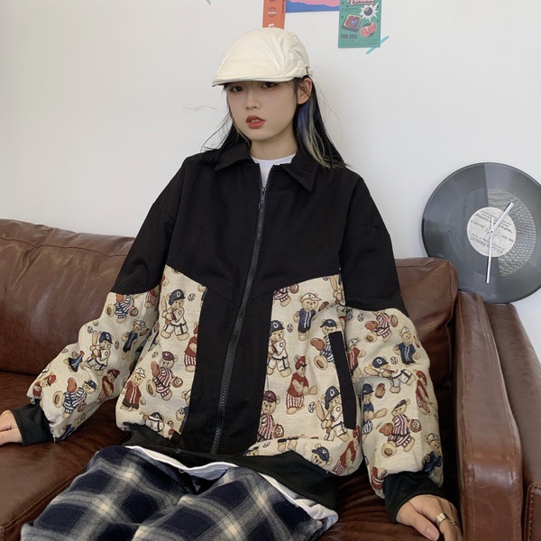 Áo Khoác Bóng Chày Dáng Rộng Dài Vừa Thêu Hình Gấu jacquard Kiểu Hàn Quốc Thời Trang Xuân Thu Cho Nữ