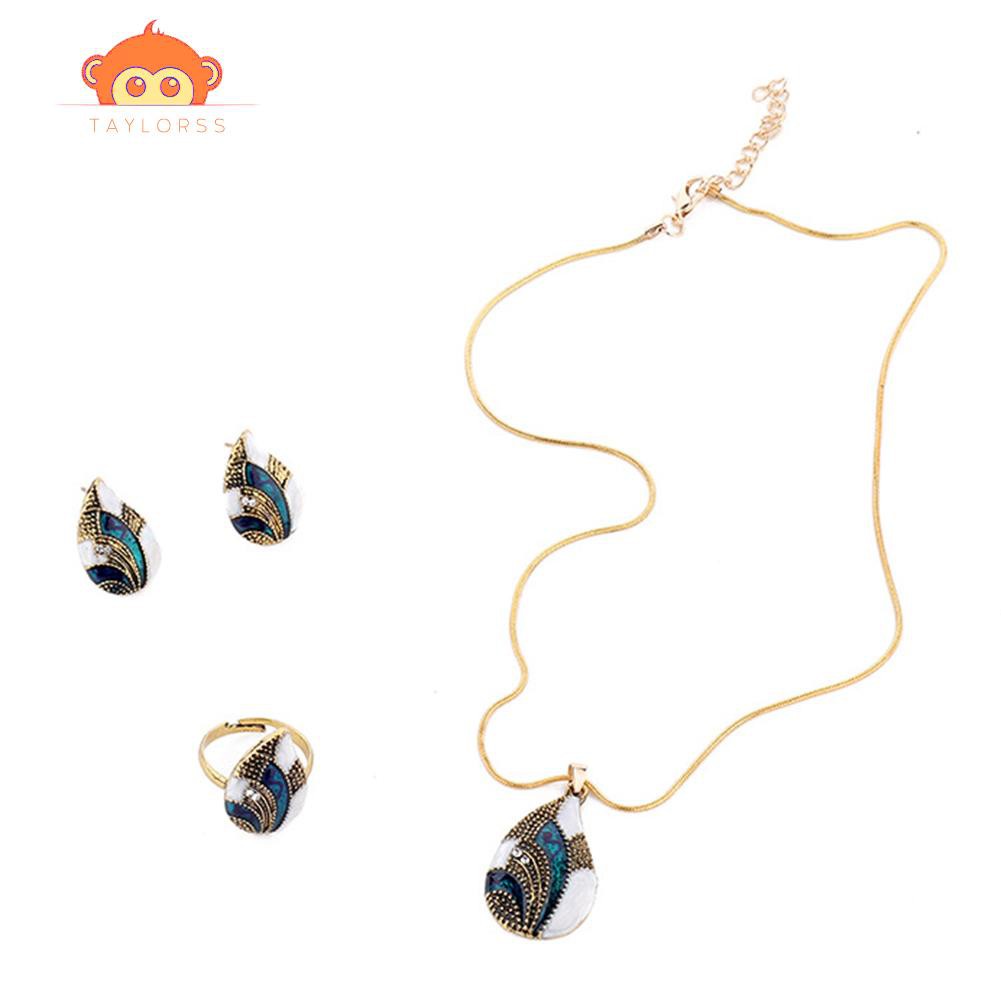 (Fast Shipping)Women Geometric Water Drop Stud Earrings Chain Necklace Ring Jewelry Set