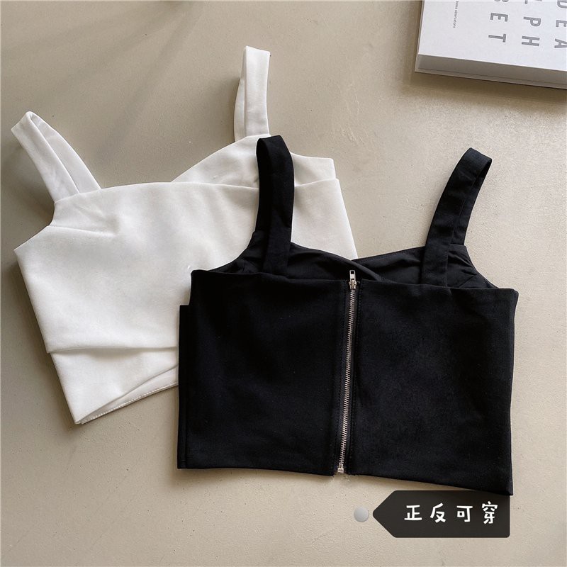 Áo croptop hai dây bản to khóa kéo sau