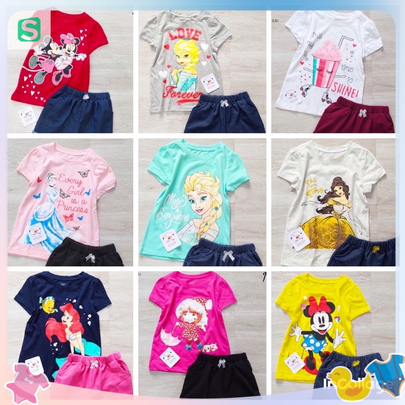 Đồ bộ ngắn tay cotton cho bé gái 4-14T  họa tiết Công chúa, Elsa, Tiên cá, Minie
