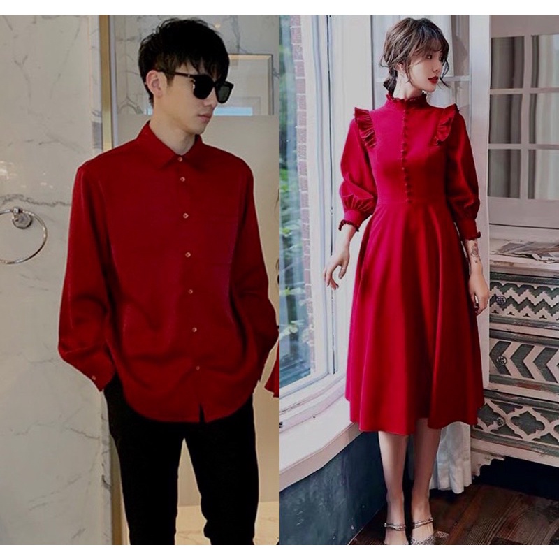 Set áo đầm đôi tình nhân màu đỏ áo sơ mi đầm tiểu thư dài tay đồ cặp Hàn Quốc