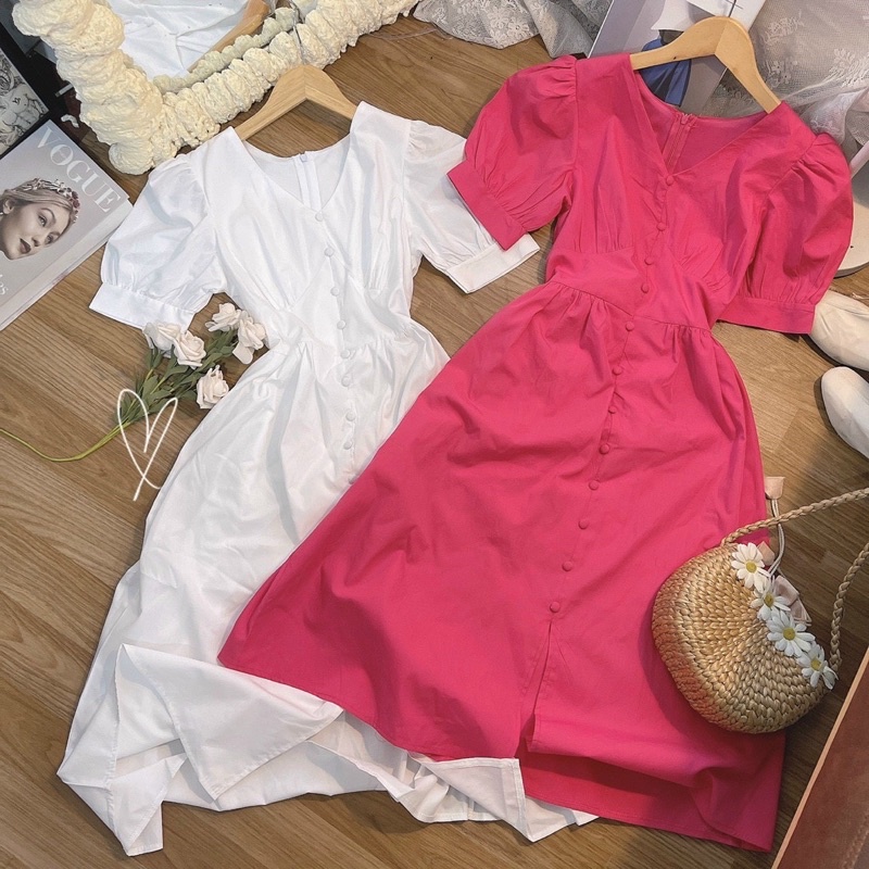 ĐẦM CỔ V MIDI NÚT BỌC TAY BÚP