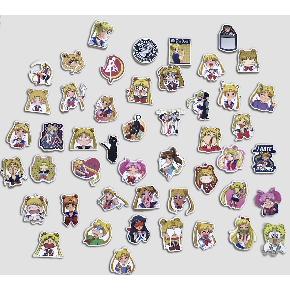 Miếng dán Sticker anime Sailor Moon (Thuỷ thủ mặt trăng) trọn bộ 50 hình - In rõ ràng sắc nét khó tróc