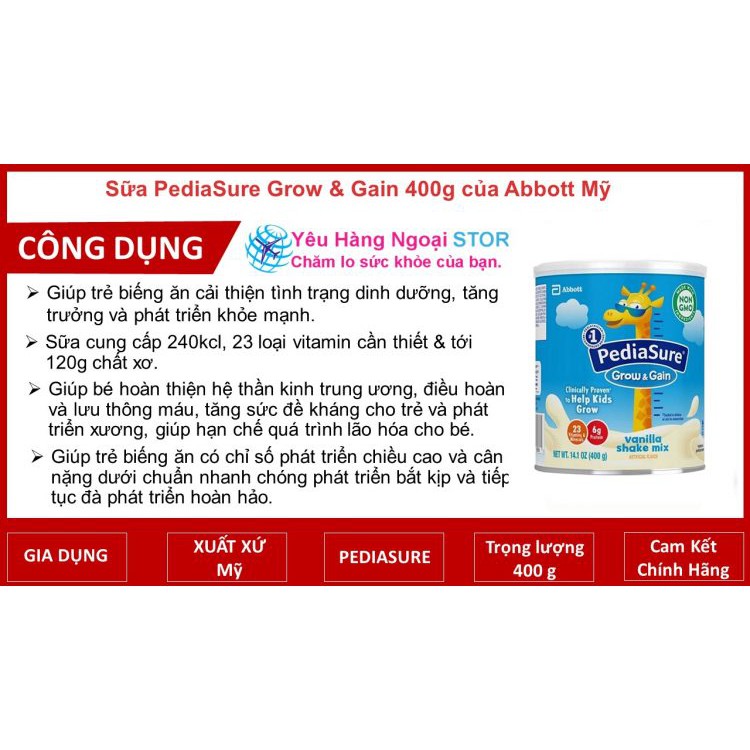 Sữa PediaSure Grow & Gain 400g giúp tăng trưởng chiều cao vượt trội của Abbott Mỹ