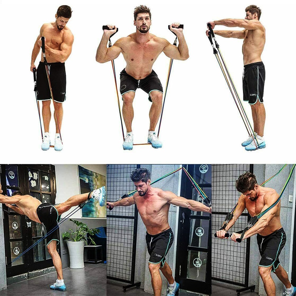 Bộ 5 dây ngũ sắc kháng lực móc thép mực bền dùng cho tập gym, tập thể hình