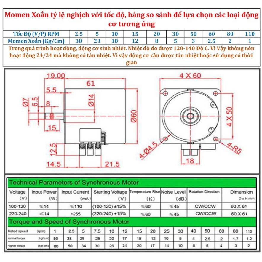 Mô Tơ 220V 14W 5RPM 10RPM 15RPM 20RPM 30RPM 60KTYZ Motor 220V Động Cơ 220V Giảm Tốc 220V Quay Gà Vịt