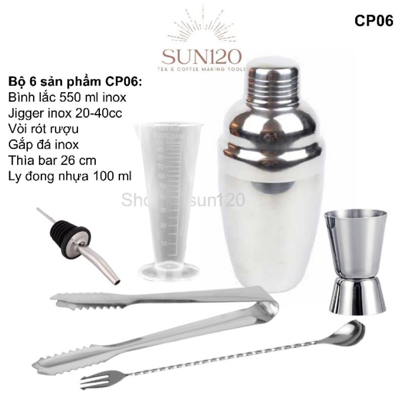 Bộ 6 sản phẩm pha chế cocktail trà sữa CP06 định lượng cocktail shaker inox