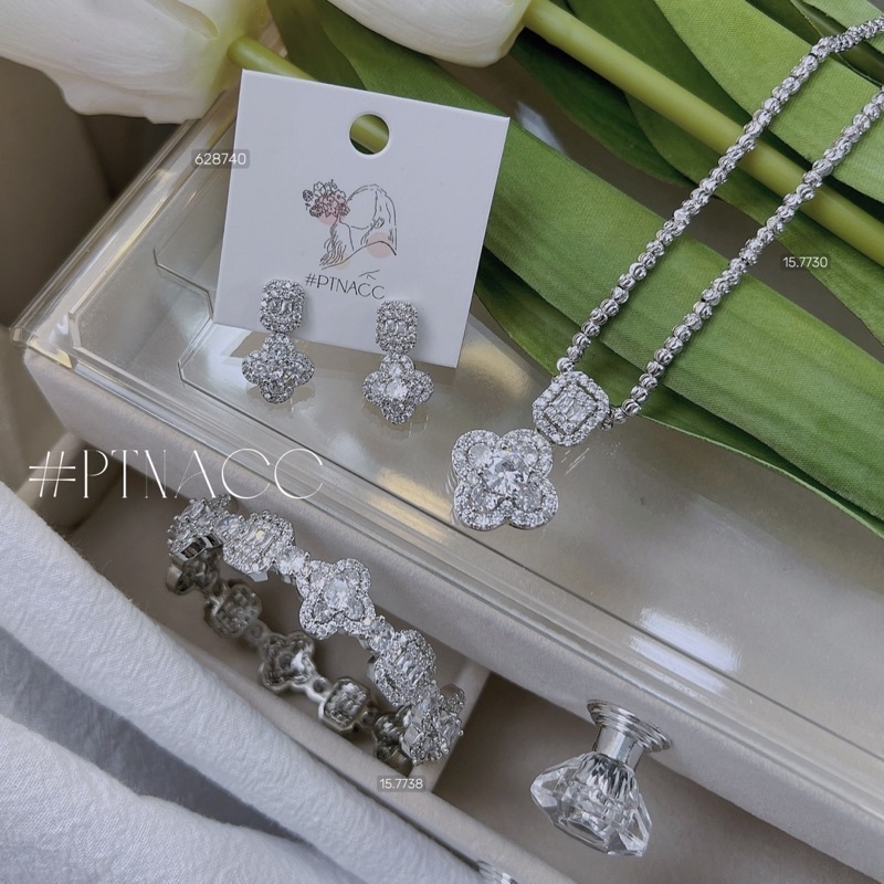 Bộ trang sức xi bạch kim cỏ 4 lá đính đá paguet, set bông tai, dây chuyền, vòng tay full đá .PTNACC.