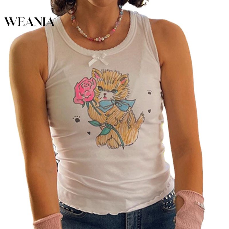 Áo Tank Top Phối Ren In Hình Mèo Dễ Thương Cho Nữ