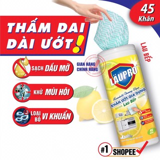 Khăn Ướt LAU BẾP, Lò vi sóng, Lò nướng, Bếp Từ...| Bay Dầu Mỡ Mùi Hôi Tanh | CHỨA CỒN KHÁNG KHUẨN Laupro | Hộp 45 Khăn