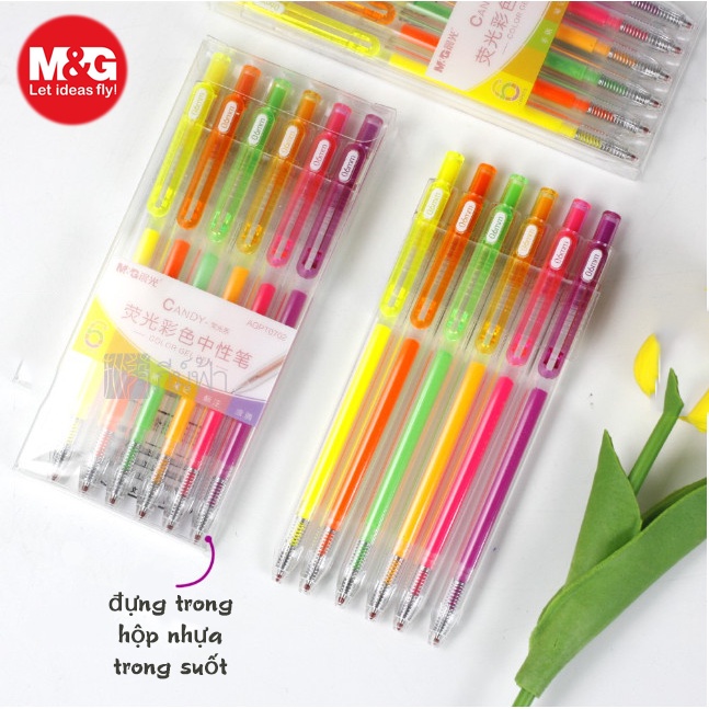 Hộp 6 cây bút bi nước mực gel bấm AGPT 0702 nhiều màu 0.6mm M&G xinh xắn 6 màu nhanh khô lâu hết mực