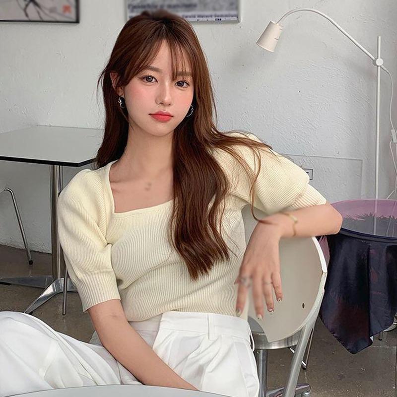 Áo thun tay ngắn cổ vuông màu sắc đơn giản thời trang cho nữ