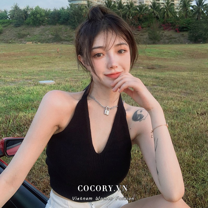  【Cocory】 Áo croptop dệt kim hai dây cổ chữ V thời trang gợi cảm cho nữ | BigBuy360 - bigbuy360.vn