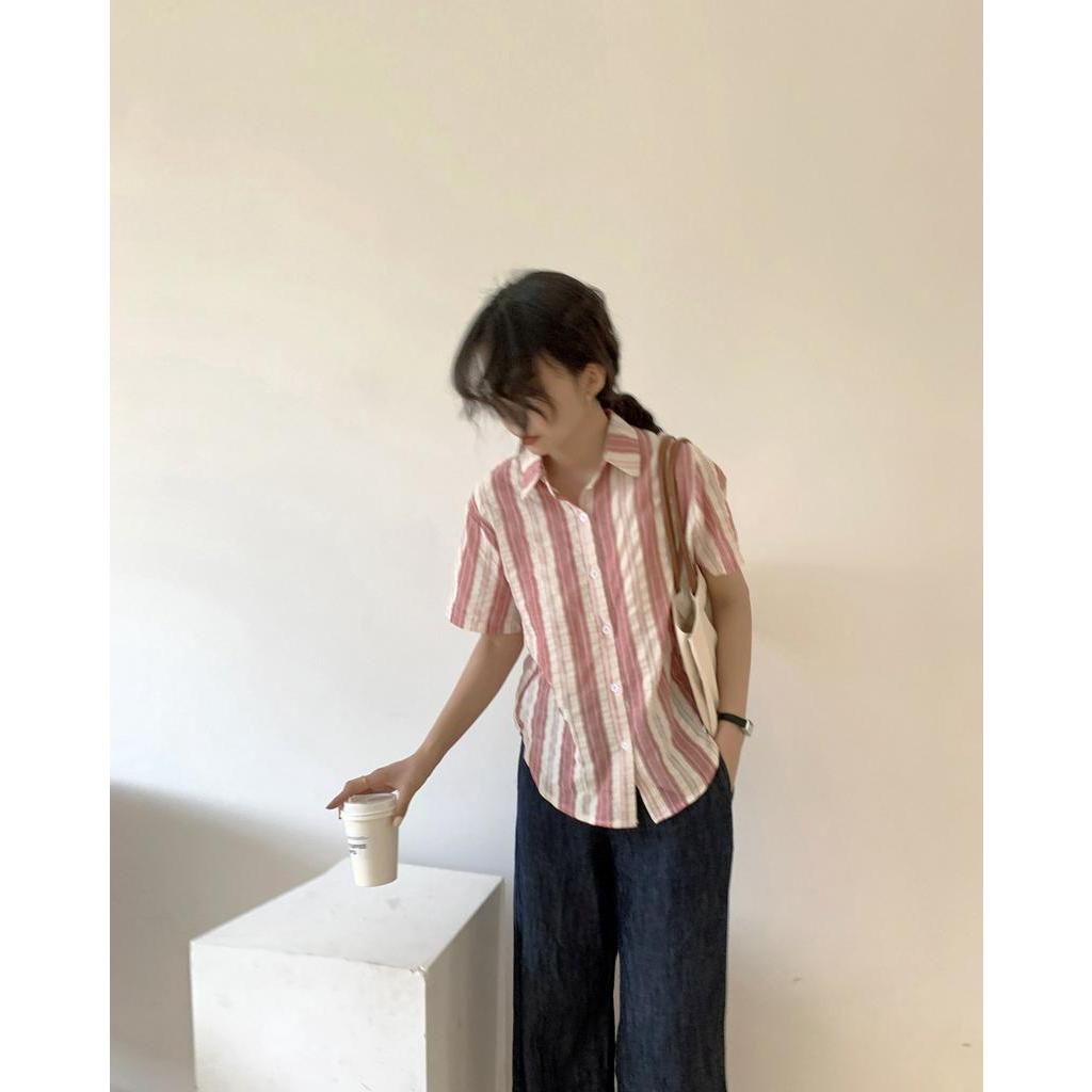 Áo Sơ Mi Cotton Lanh Kẻ Sọc Ngắn Tay Thời Trang Hè Hàn Quốc Sành Điệu 62164