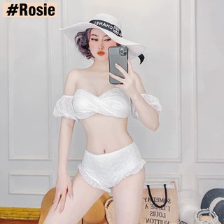 𝙍𝙊𝙎𝙄𝙀 𝙎𝙏𝙊𝙍𝙀 Bikini 2 Mảnh Cạp Cao Trễ Vai Xoắn Ngực - Màu Trắng, Đen [Vải Bơi Hàn Quốc]