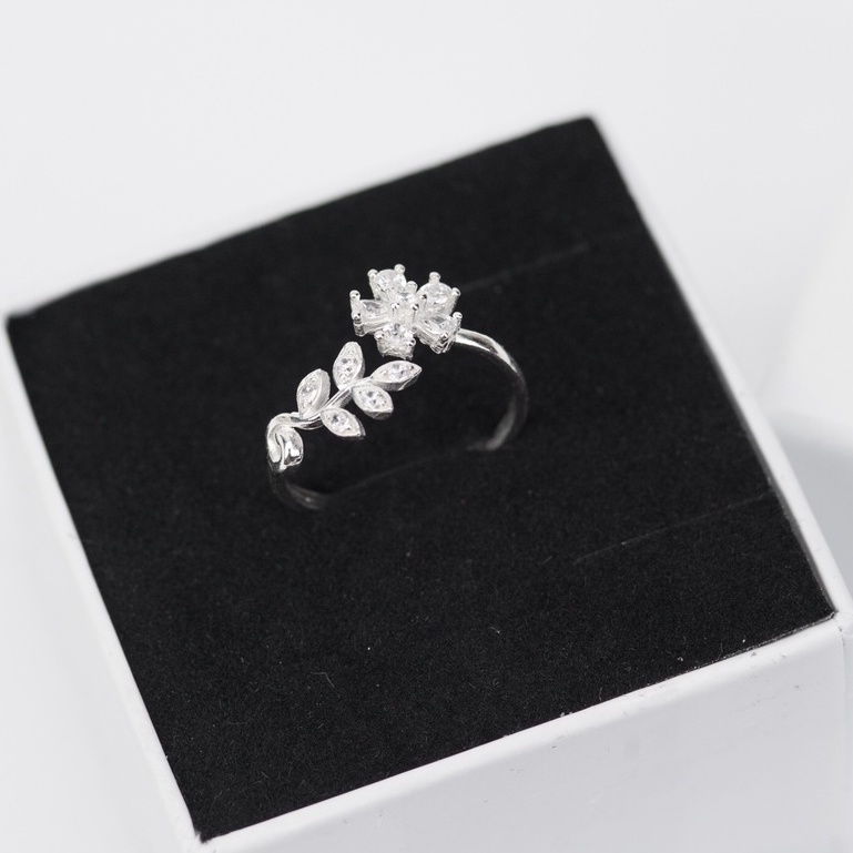 Nhẫn Nữ Bạc Ta CaoBac Silver Mặt Nhẫn Bạc Đính Đá Hình Hoa Năm Cánh Đính Đá Phối Lá Hở Cá Tính Quà Tặng Bạn Gái