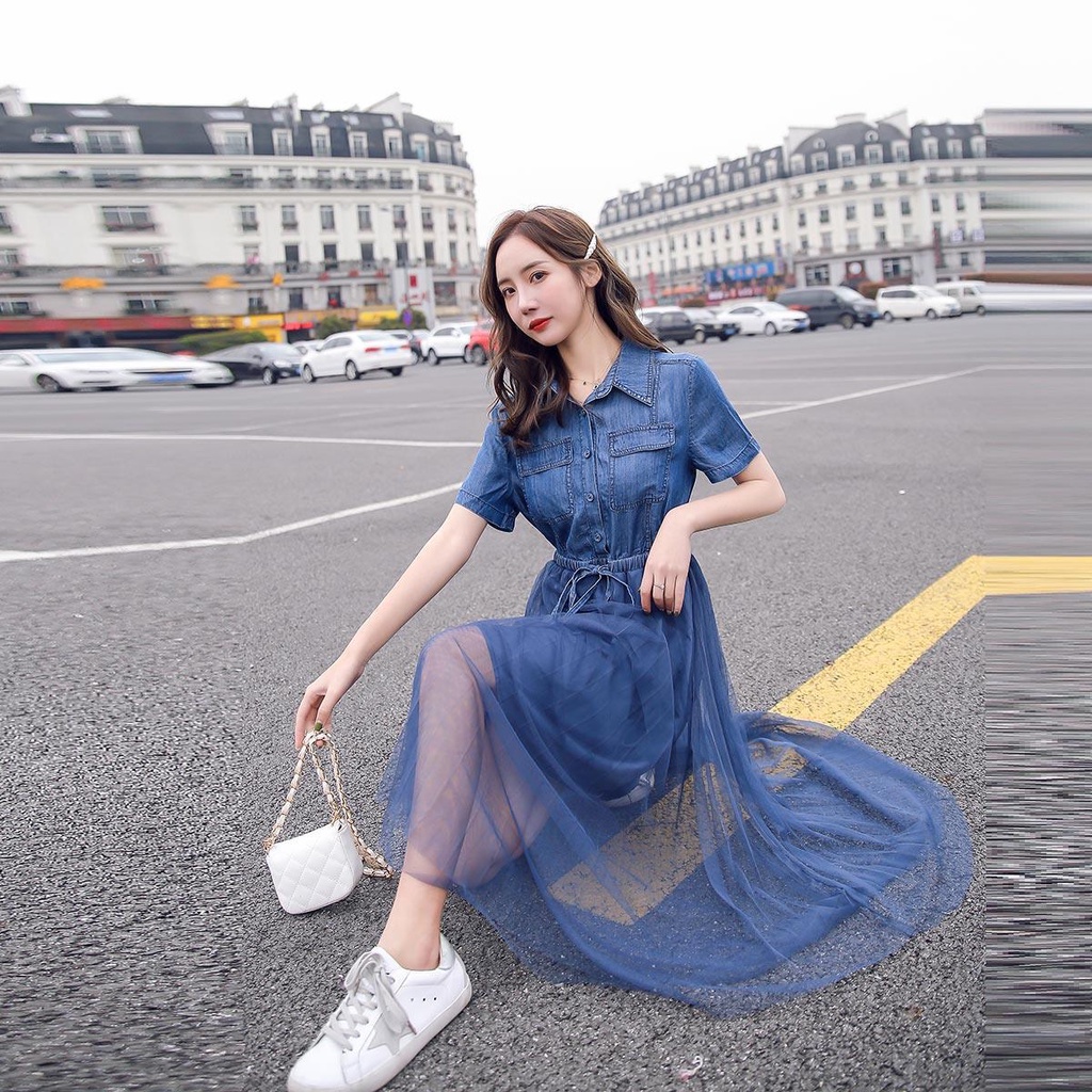 Đầm denim phối lưới ôm eo thời trang mùa hè 2021 dành cho nữ