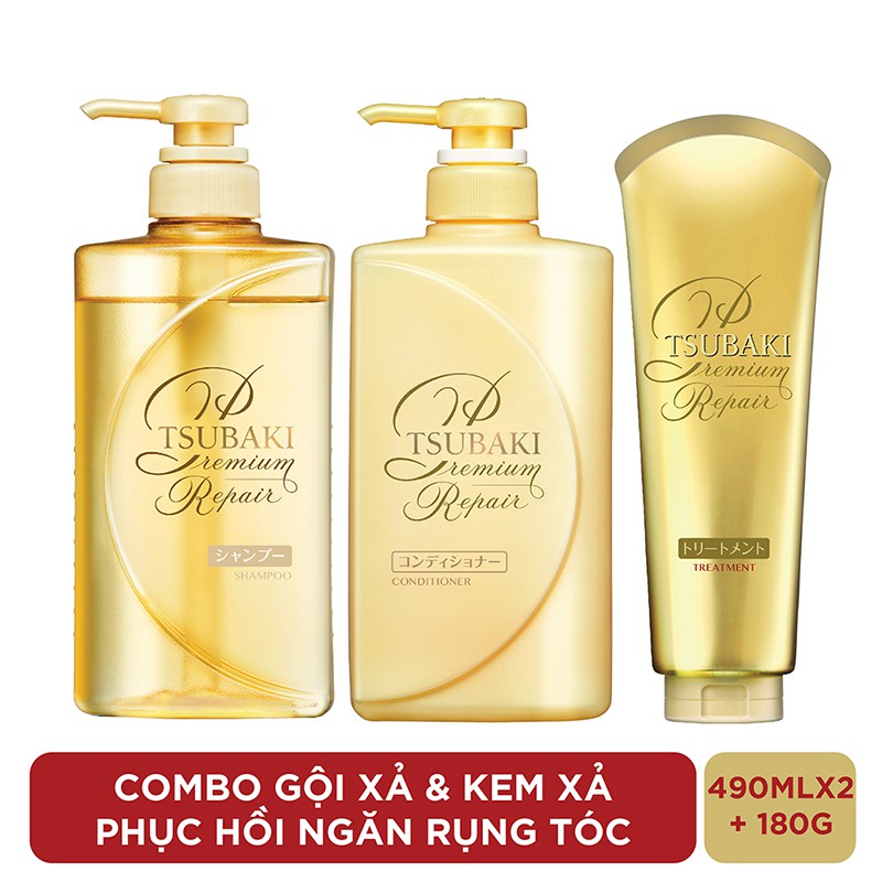 Combo gội xả và kem xả Phục hồi ngăn rụng tóc Premium Repair Tsubaki (490mlx2 + 180g) | BigBuy360 - bigbuy360.vn