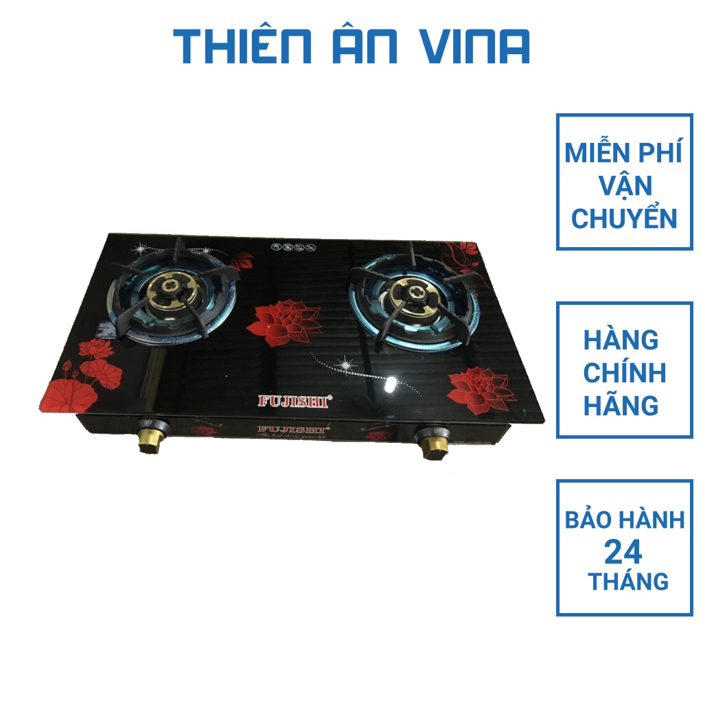 Bếp ga đôi cao cấp Fujishi KI-022 khung inox 470 nẹp kính điếu inox 304 kiềng gang - Hàng chính hãng bảo hành 24 tháng