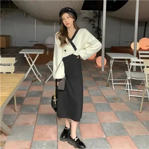 Set áo khoác + đầm hai dây thời trang thu đông Hàn Quốc 2021