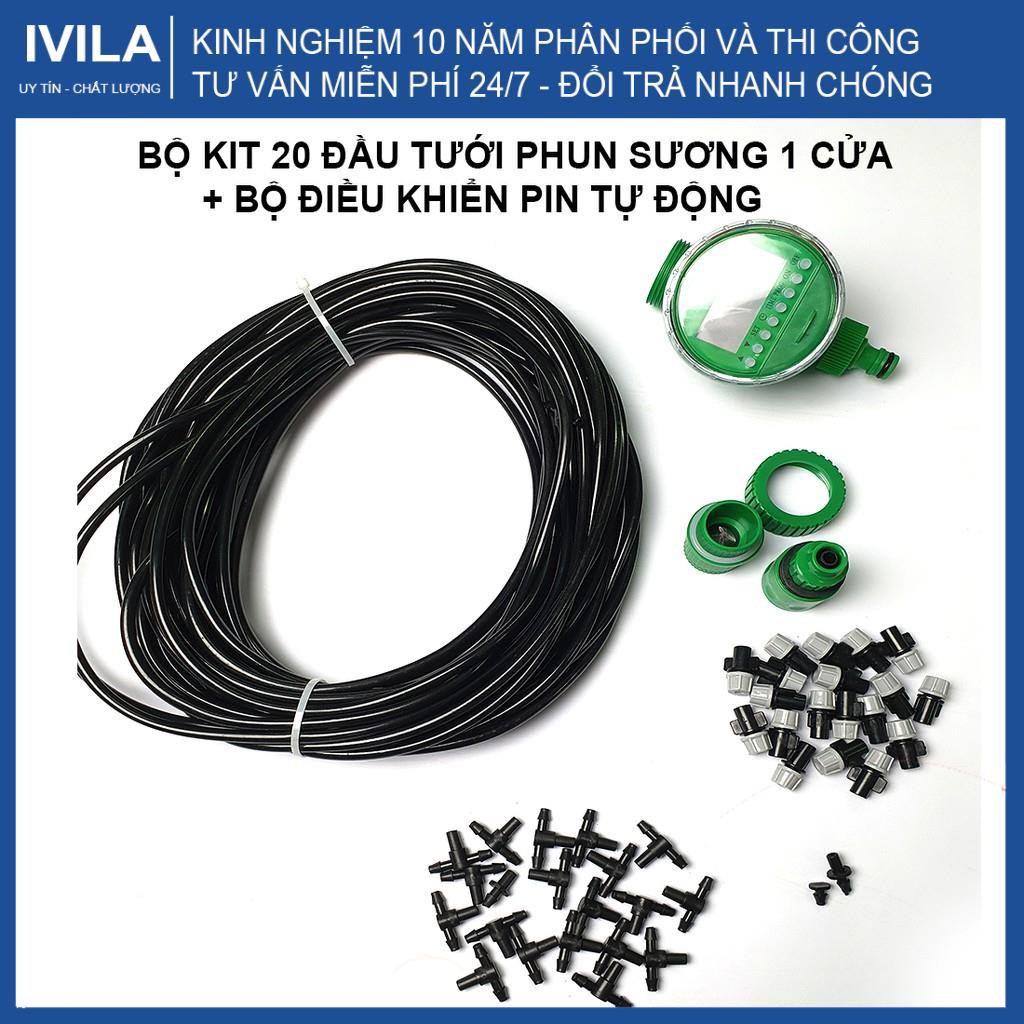 Bộ Kit 20 đầu tưới phun sương 1 cửa + bộ điều khiển pin tự động hèn giờ - hiệu quả, lắp đặt nhanh chóng