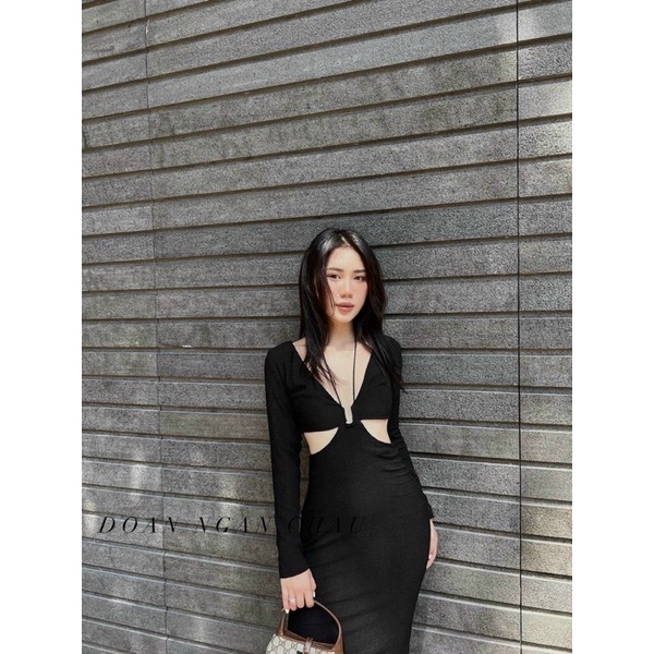 Đầm nữ ôm body chất tăm dày cổ yếm cột dây khoen U khoét eo form chuẩn hình siêu hot
