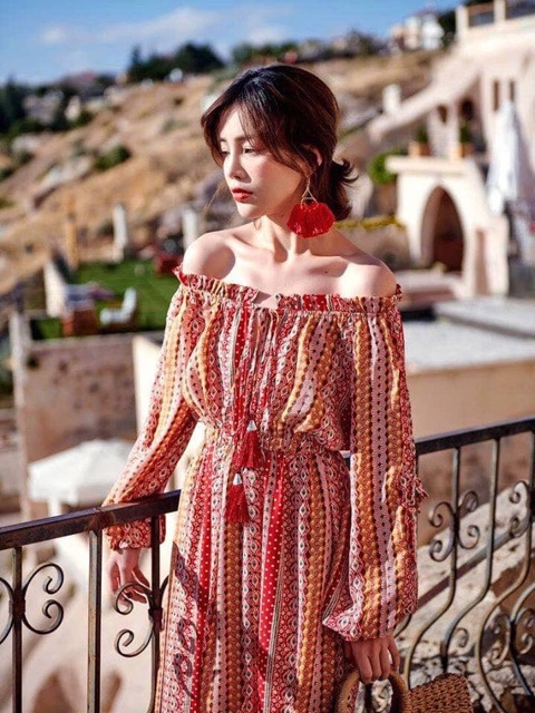 | HÀNG SẴN | Váy thổ cẩm boho vintage maxi đỏ dài