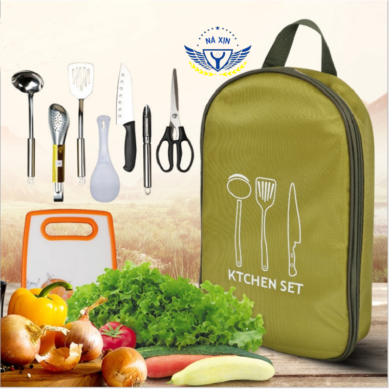 Bộ dụng cụ nấu ăn dã ngoại có túi đựng - Bộ dụng cụ nấu ăn 8 món dùng khi đi du lịch, dã ngoại [DCP5]