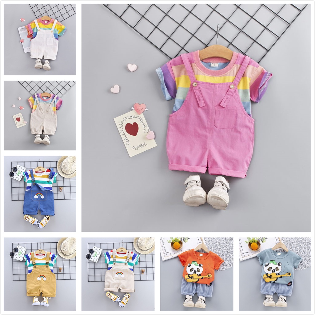 Set đồ 2 món gồm áo thun và quần yếm thời trang mùa hè tùy chọn màu sắc cho bé 1-5 tuổi