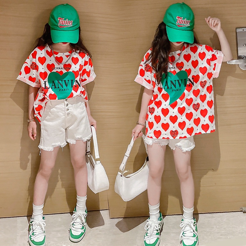 Bộ quần jean áo cotton in hình trái tim cỡ lớn cho bé gái M139