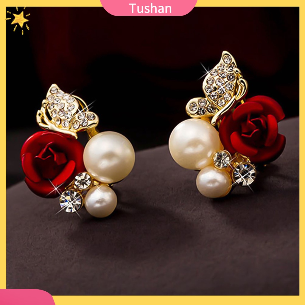 Bông tai hình hoa hồng đính ngọc trai giả thời trang