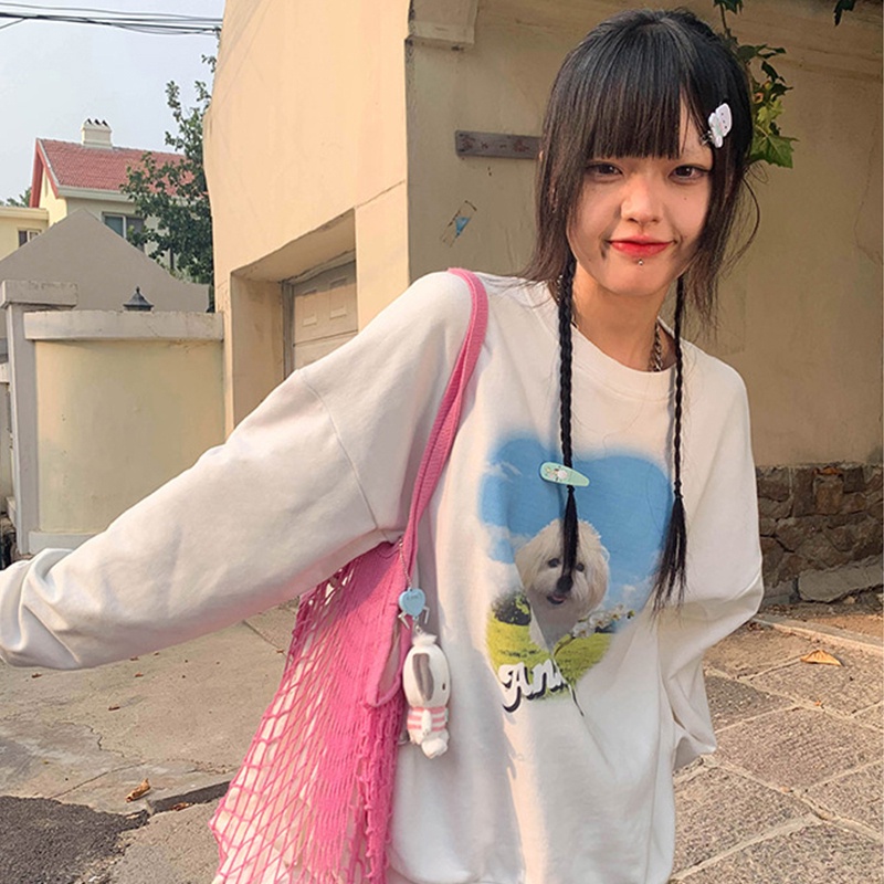 【ZHELIHANGFEI】Áo Thun Nỉ Tay Dài In Hình Cún Con Dễ Phối Đồ