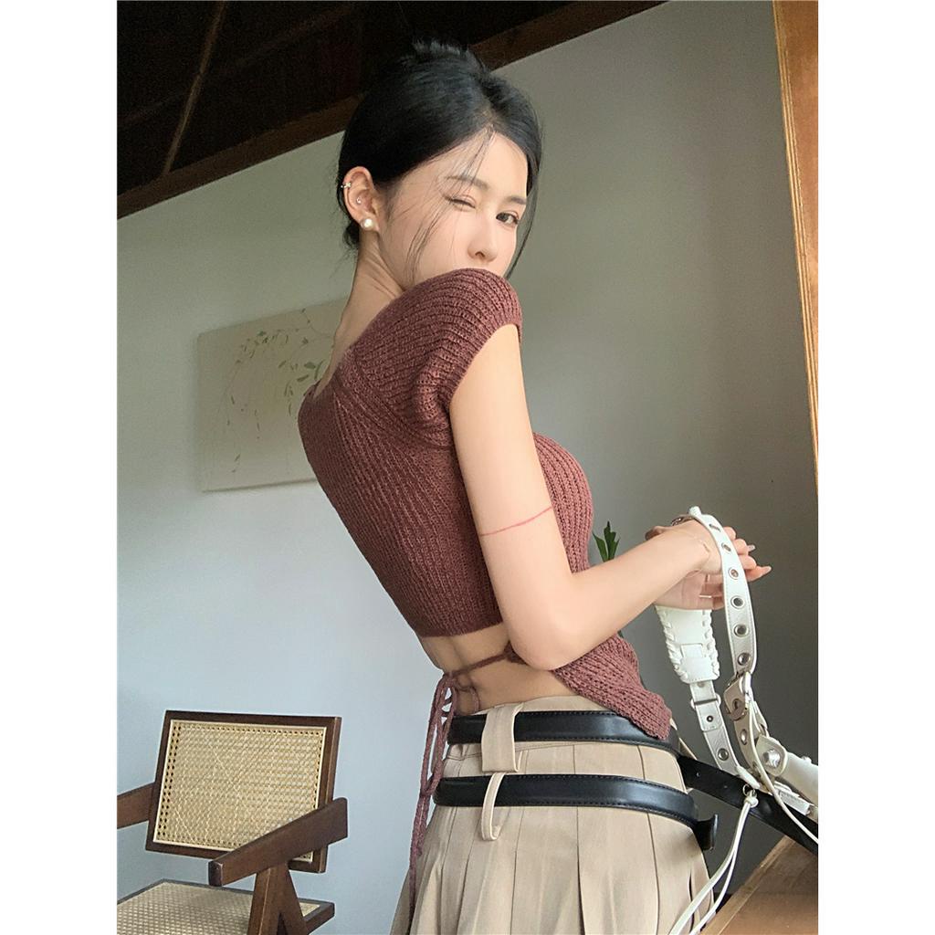 HUANG YOYO Áo Croptop Áo sweater Dệt Kim Cổ Vuông Tay Ngắn Dáng Ôm Thời Trang Mùa Hè Xinh Xắn Cho Nữ