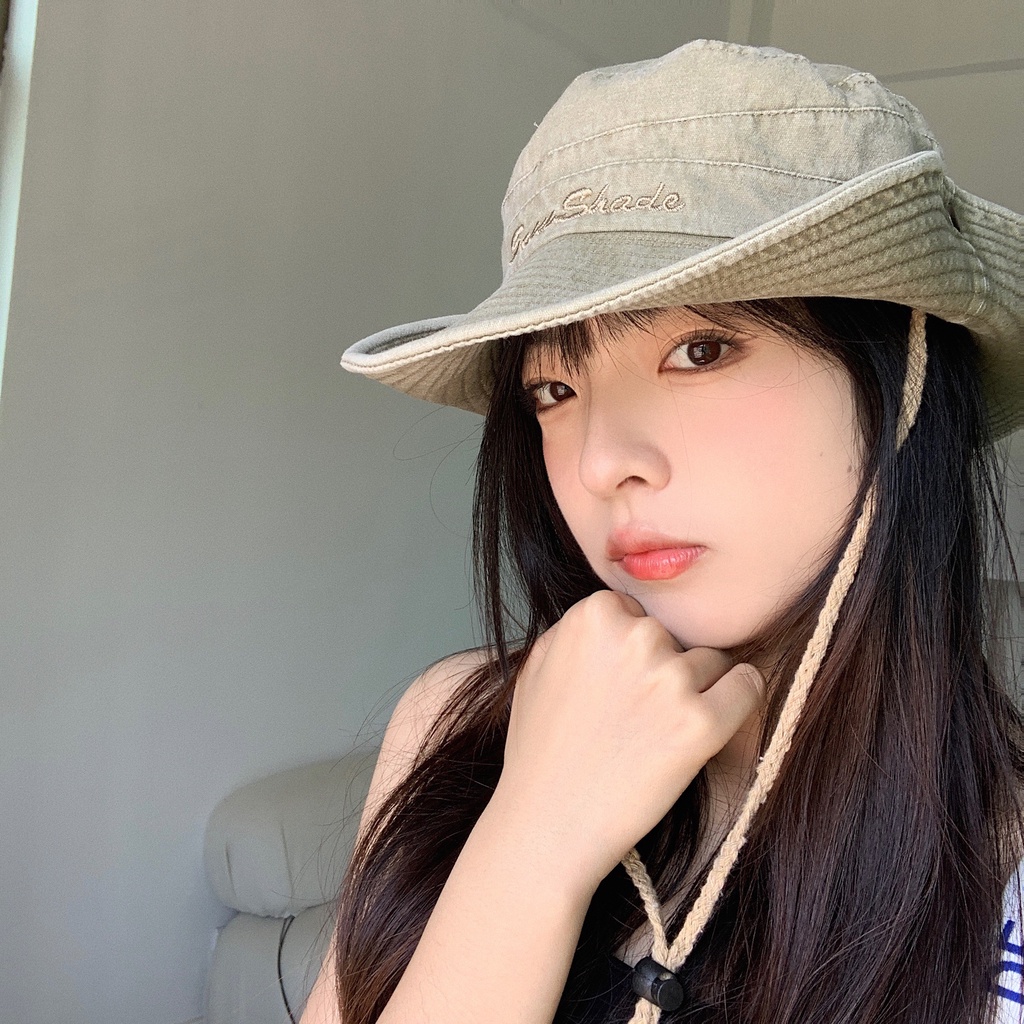 Mũ tai bèo giặt mài chống nắng ngoài trời có dây rút phong cách cao bồi phương Tây cổ điển dễ phối đồ cho nữ