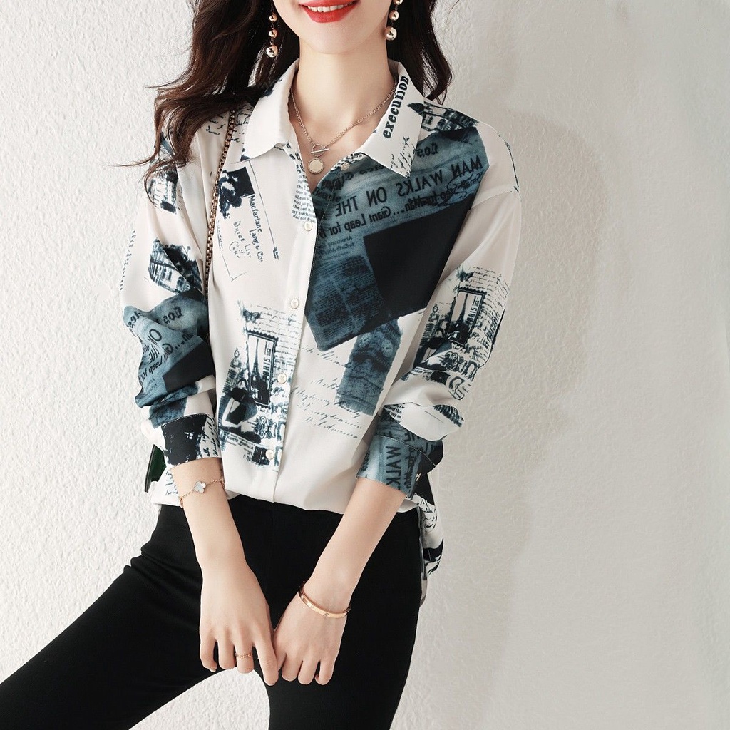 Áo Sơ Mi chiffon Tay Dài Dáng Rộng 2023 Màu Tương Phản Thời Trang Mùa Xuân Cho Nữ