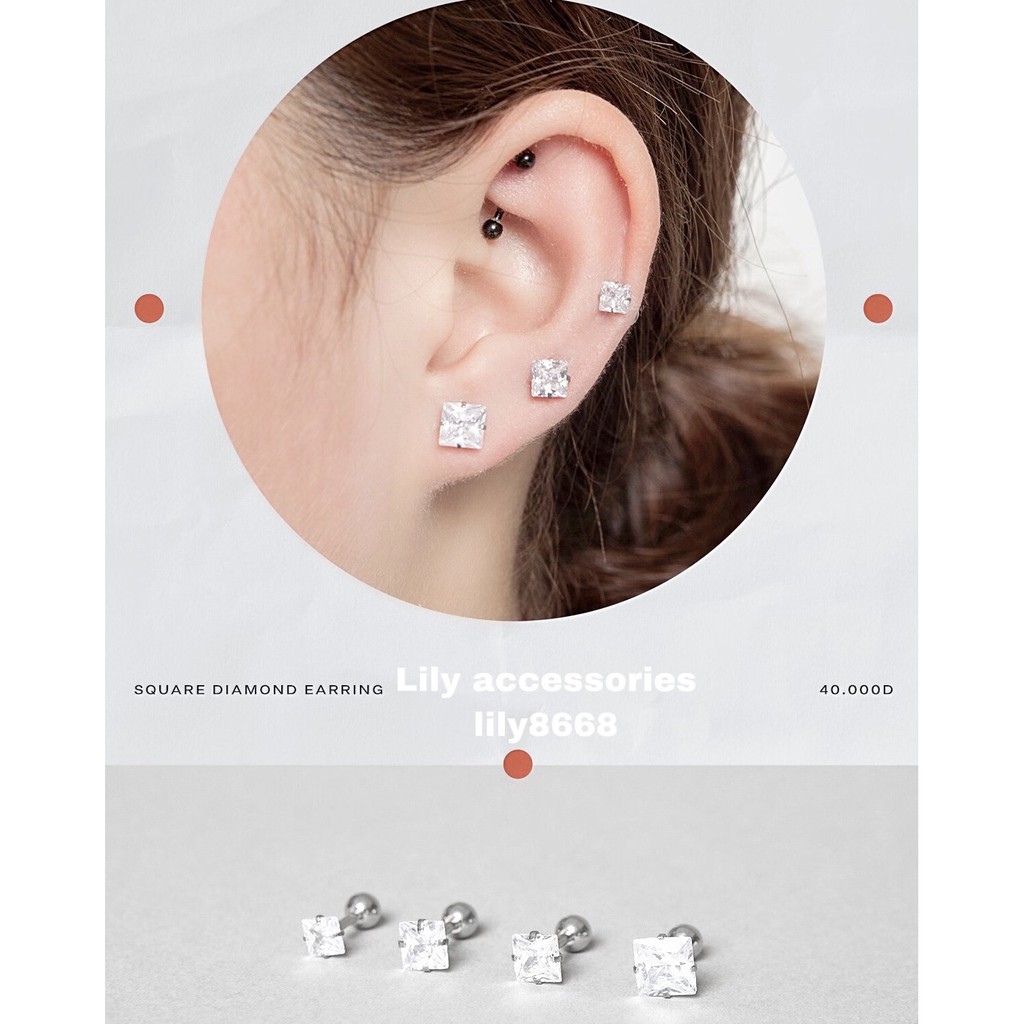 khuyên tai titan tứ giác đính đá không gỉ không đen không dị ứng cho nam nữ