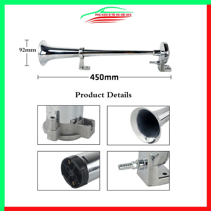 Còi sinh hơi ô tô 12V dài 45cm hợp kim mạ kẽm kèn đơn cường độ 150db