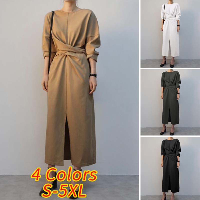 VONDA Women Long Sleeve Front Slit Belted Elegant Casual Long Dress | BigBuy360 - bigbuy360.vn