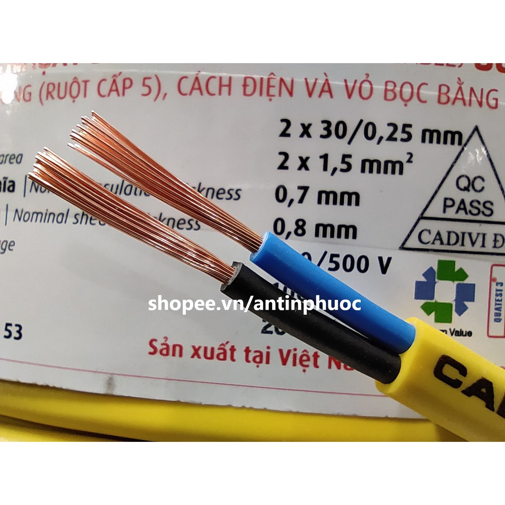 Dây điện đôi mềm dẹp ( 2 lớp vỏ ) Cadivi 2 x 1.5mm (Vcmo 2x30/0.25) - bán lẻ theo mét