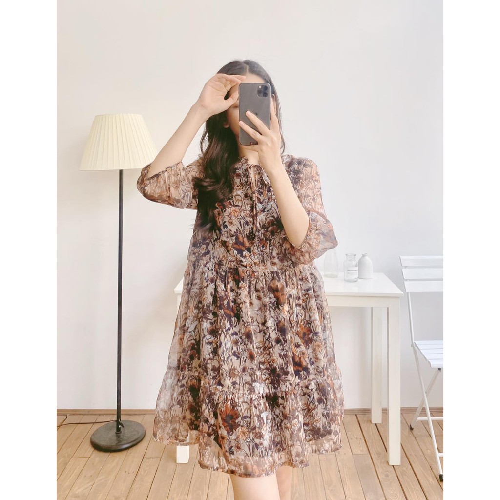 [Mã SKAMA06 giảm 8% tối đa 50K đơn 250K] Váy Babydoll Chất Vải Von Màu Hoa Nâu Phong Cách Vintage [Madelen]