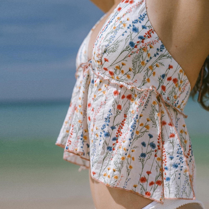 Brroa Áo Crop Top Hai Dây Cổ Chữ V Hở Lưng Họa Tiết Hoa Nhiều Màu Sắc Viền Ren Xẻ Tà Gợi Cảm Đi Biển Cho Nữ