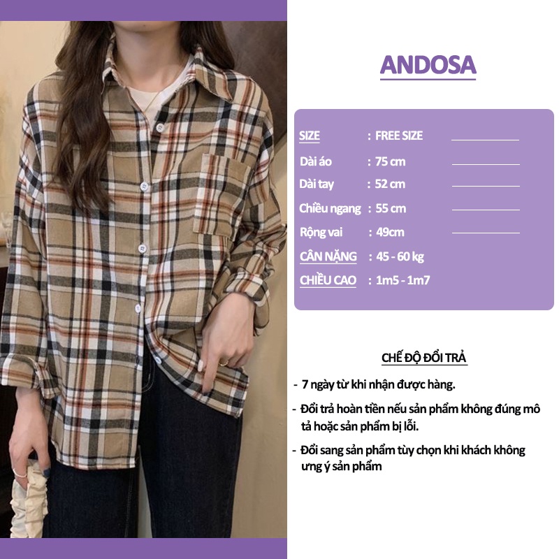 Áo sơ mi nữ form rộng kẻ sọc caro đẹp tay dài hàng Quảng Châu ANDOSA SM14