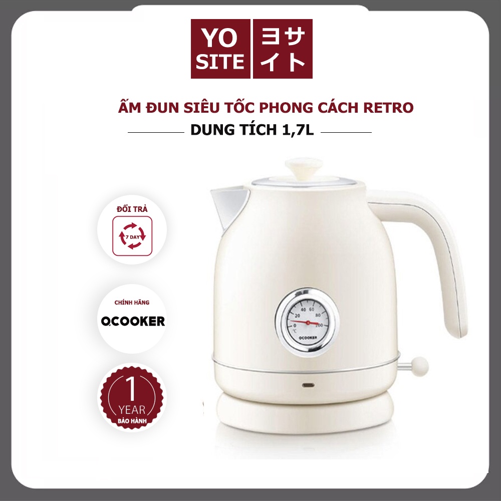 Ấm siêu tốc Qcooker phong cách Retro kèm đồng hồ đo nhiệt độ cao cấp