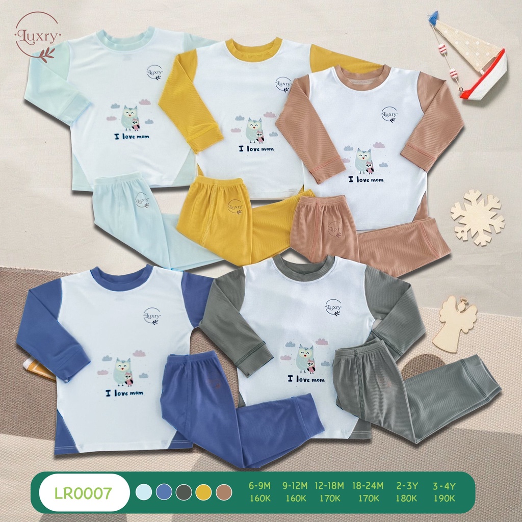 Bộ quần áo dài tay Luxry cổ tròn họa tiết cú mèo vải siêu mịn, siêu dễ thương cho bé