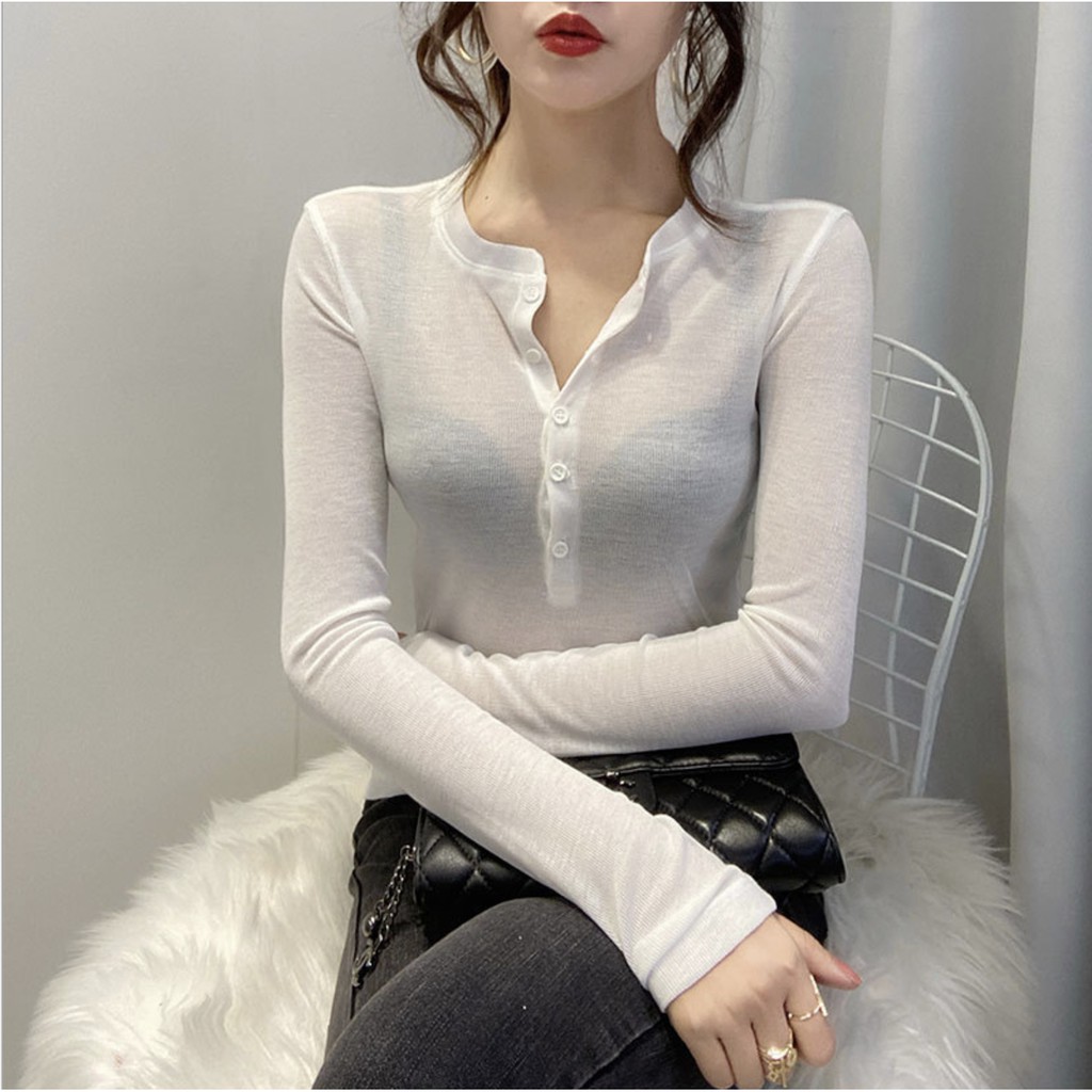 Áo Thun Xước Cúc Dọc VERTICAL Nữ [FREESHIP] 🌸 Phông giấy dài tay trơn màu Đen | Trắng | Hồng | Be | Nâu Ulzzang HOT 🌸